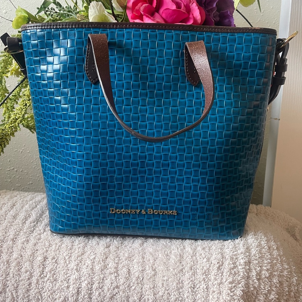 Dooney & Bourke Blue Textured Tote with Brown Leather Handles